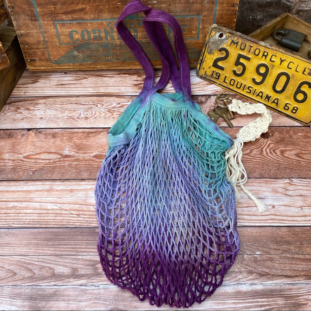 ✨ HAND DYED ORGANIC COTTON SHORT HANDLE REUSABLE NET FRENCH MARKET BAG